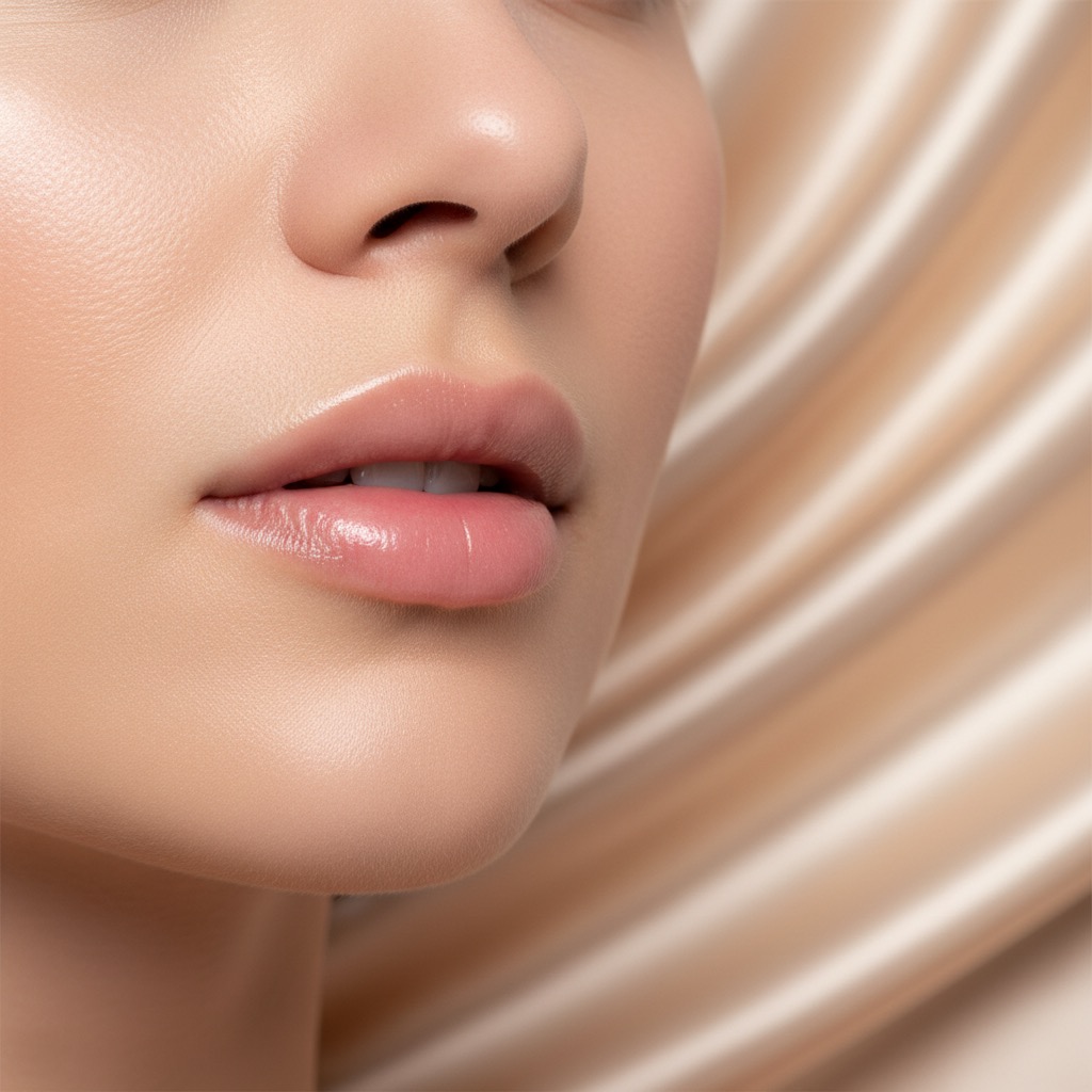 Close-up of a woman's face with smooth skin and glossy lips against a background of draped beige silk.