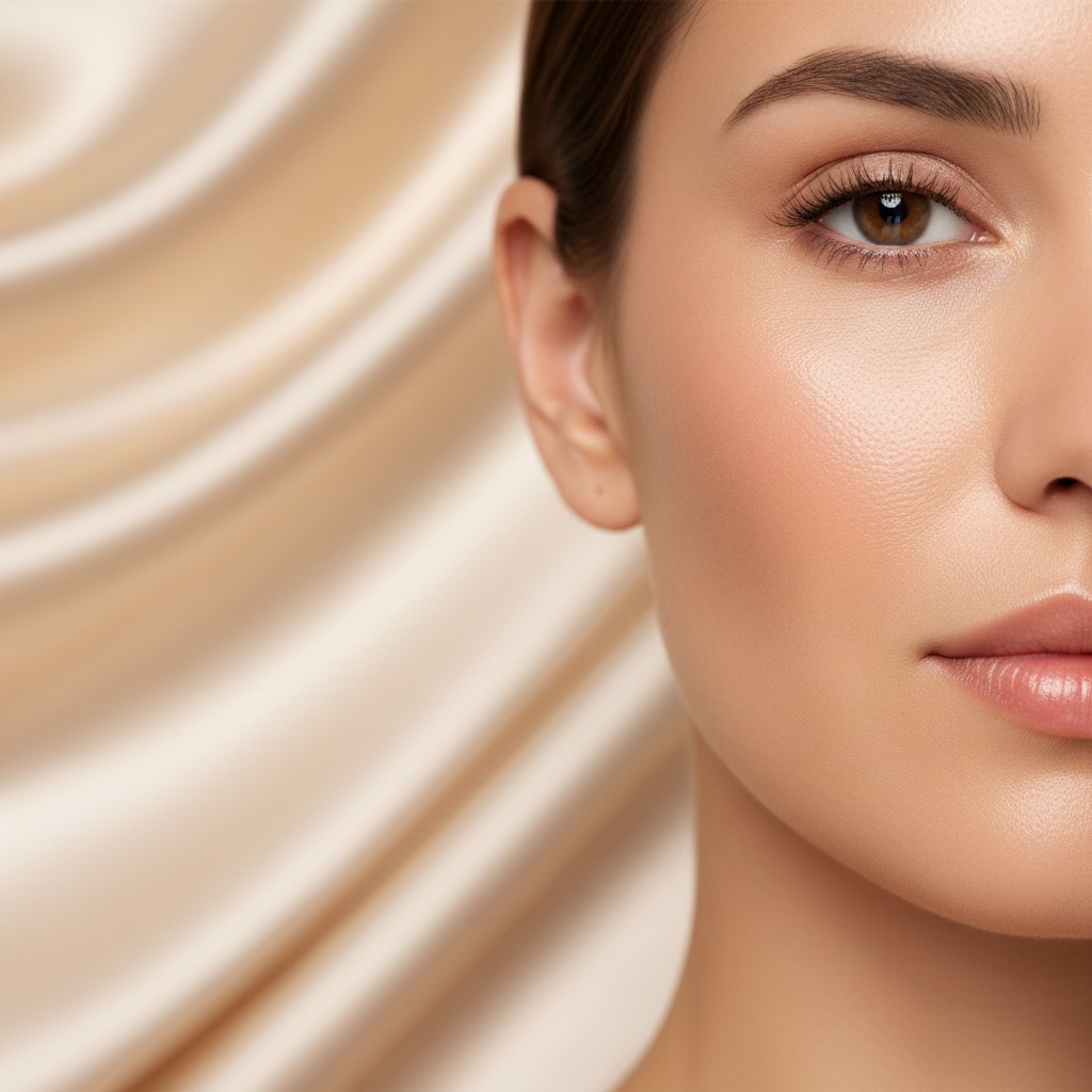 A close-up of a woman's face with natural makeup against a background of draped beige silk.